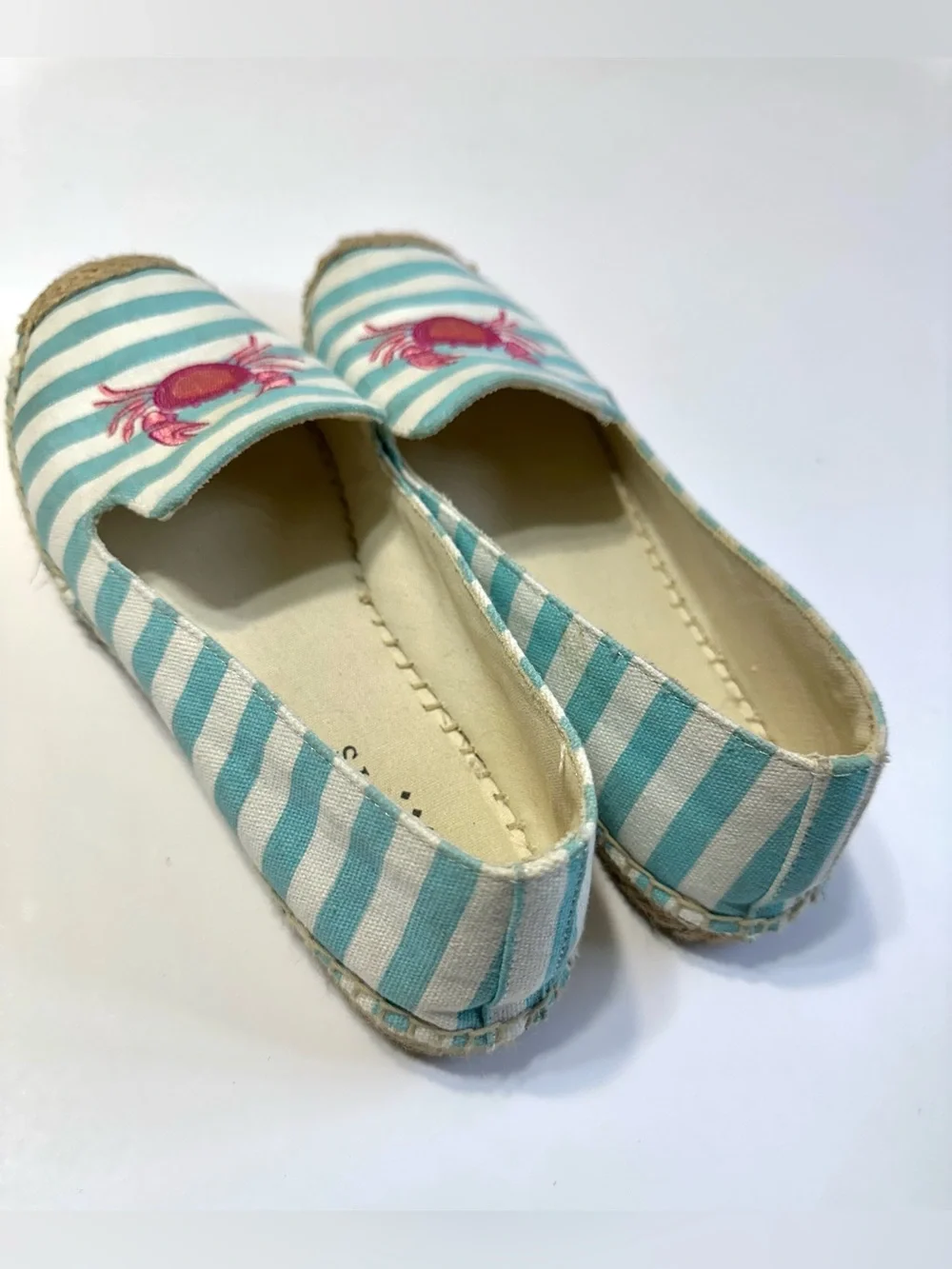 Talbots Striped Aqua & White Espadrille Slip-Ons with Pink Crab Embroidery